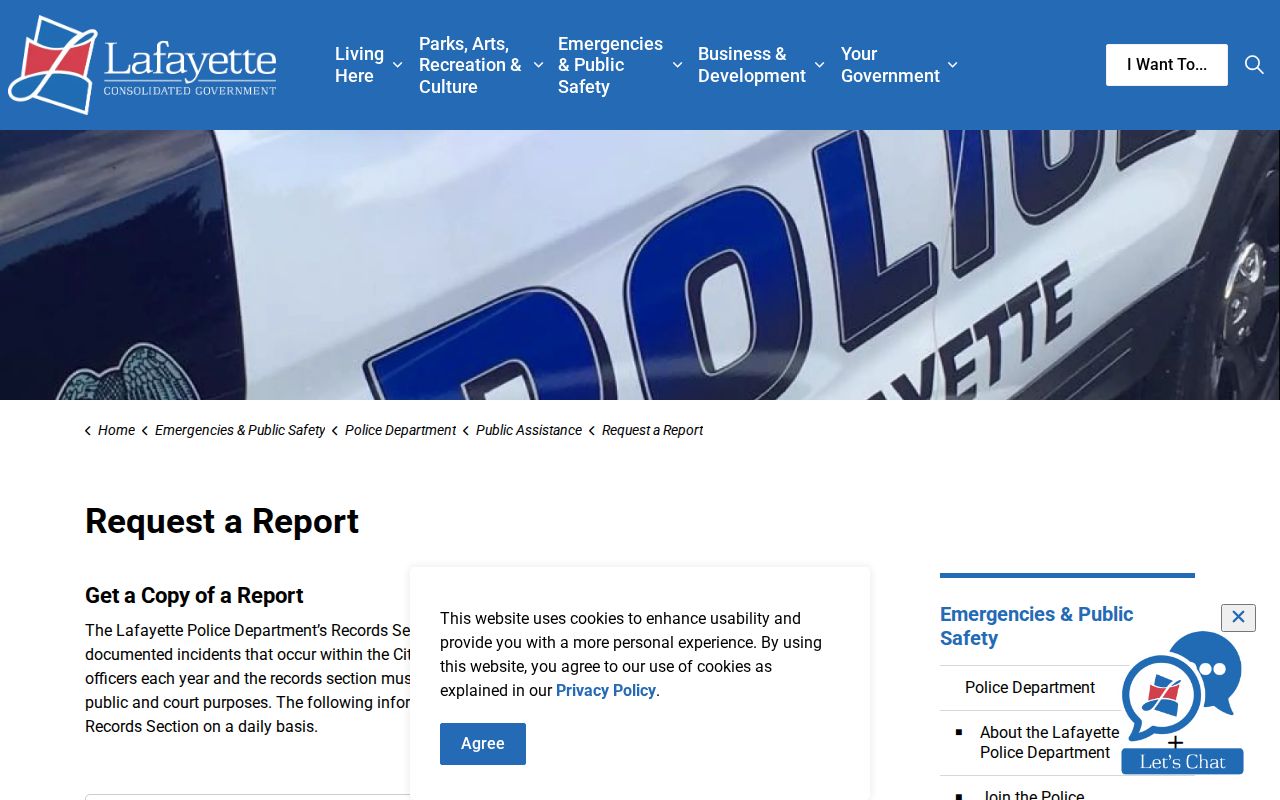 Lafayette Police arrest report request page