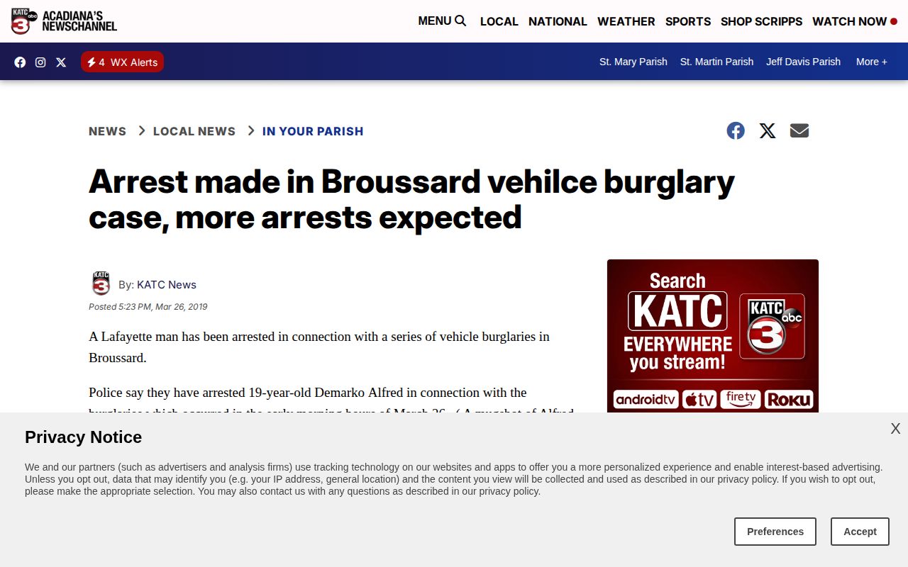 KATC Broussard arrest news example noting no mugshot was available